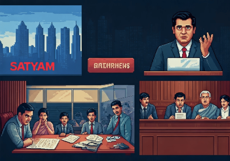 Collage of scenes from the Satyam scam.