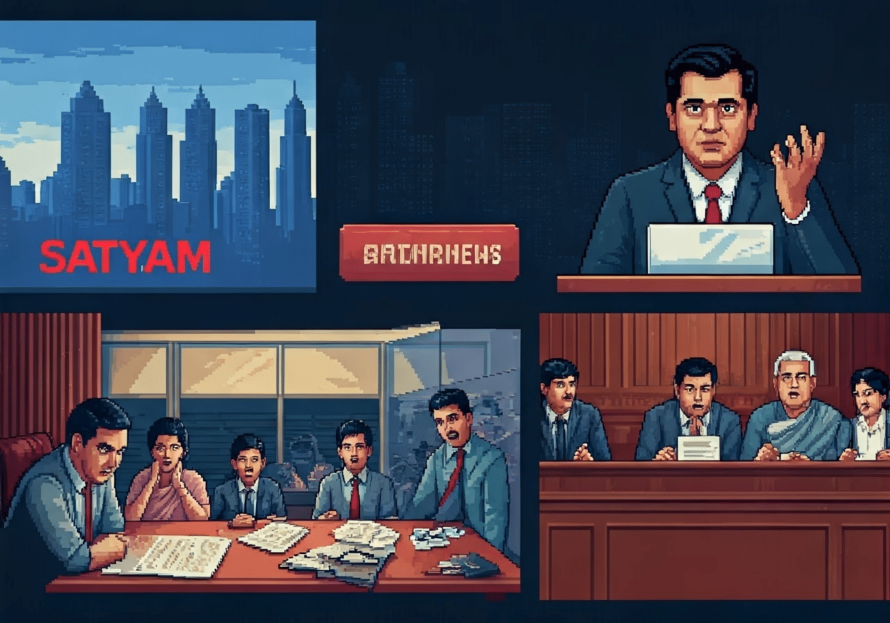 Collage of scenes from the Satyam scam.