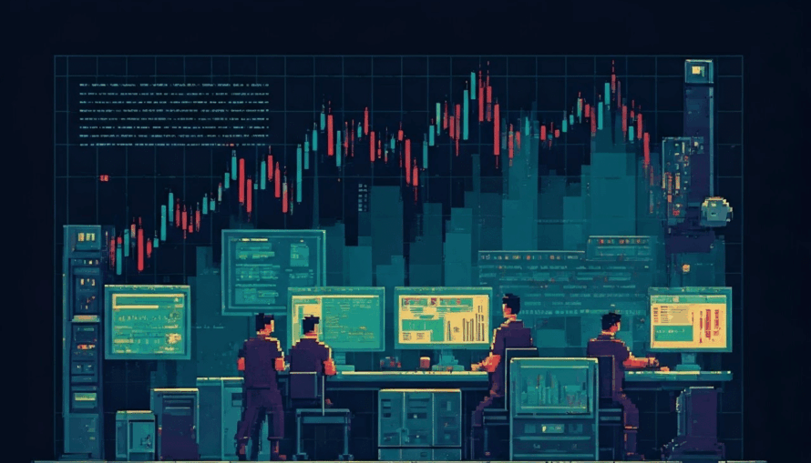 Vibrant pixel art of algo trading