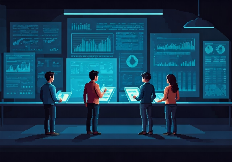 Pixel art investment analysis scene