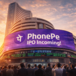 Crowd gathers outside Bombay Stock Exchange as a large digital billboard announces the upcoming PhonePe IPO in 2026, with a vibrant sunset in the background.