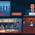 Collage of scenes from the Satyam scam.