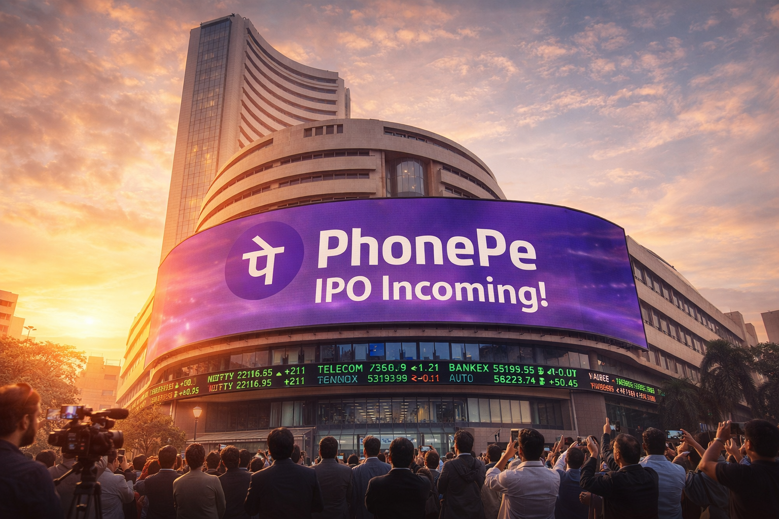Crowd gathers outside Bombay Stock Exchange as a large digital billboard announces the upcoming PhonePe IPO in 2026, with a vibrant sunset in the background.