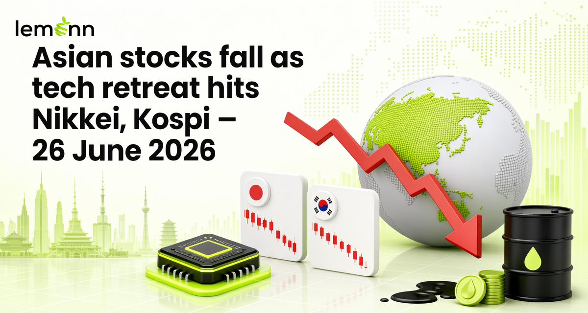 Asian equities declined as tech stocks reversed gains, with Nikkei and Kospi under pressure, while Brent crude eased after a Hormuz-linked spike and Fed rate hike expectations softened on cooler US PCE inflation.