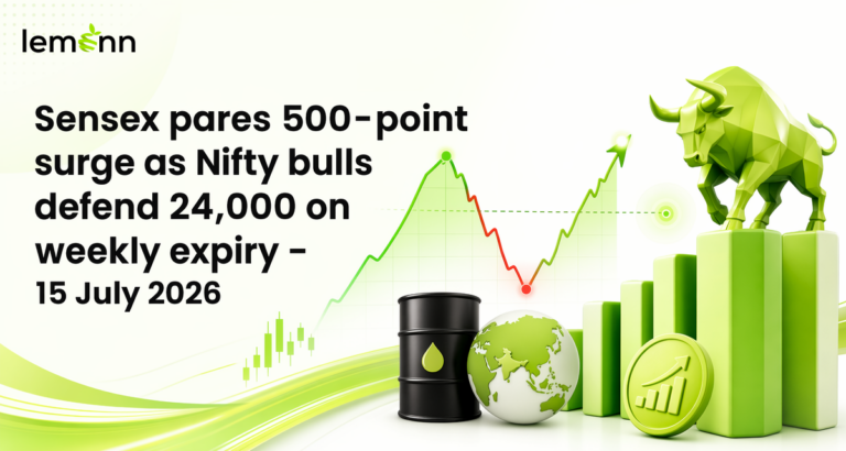 Sensex gave up most of a 553-point intraday jump but Nifty still closed at 24,073 on weekly expiry, with banks and cement aiding gains as crude.