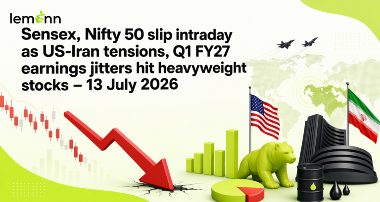 Sensex and Nifty 50 slipped intraday as US-Iran tensions, Strait of Hormuz risks and Q1 FY27 earnings cues pressured heavyweights and raised crude oil.