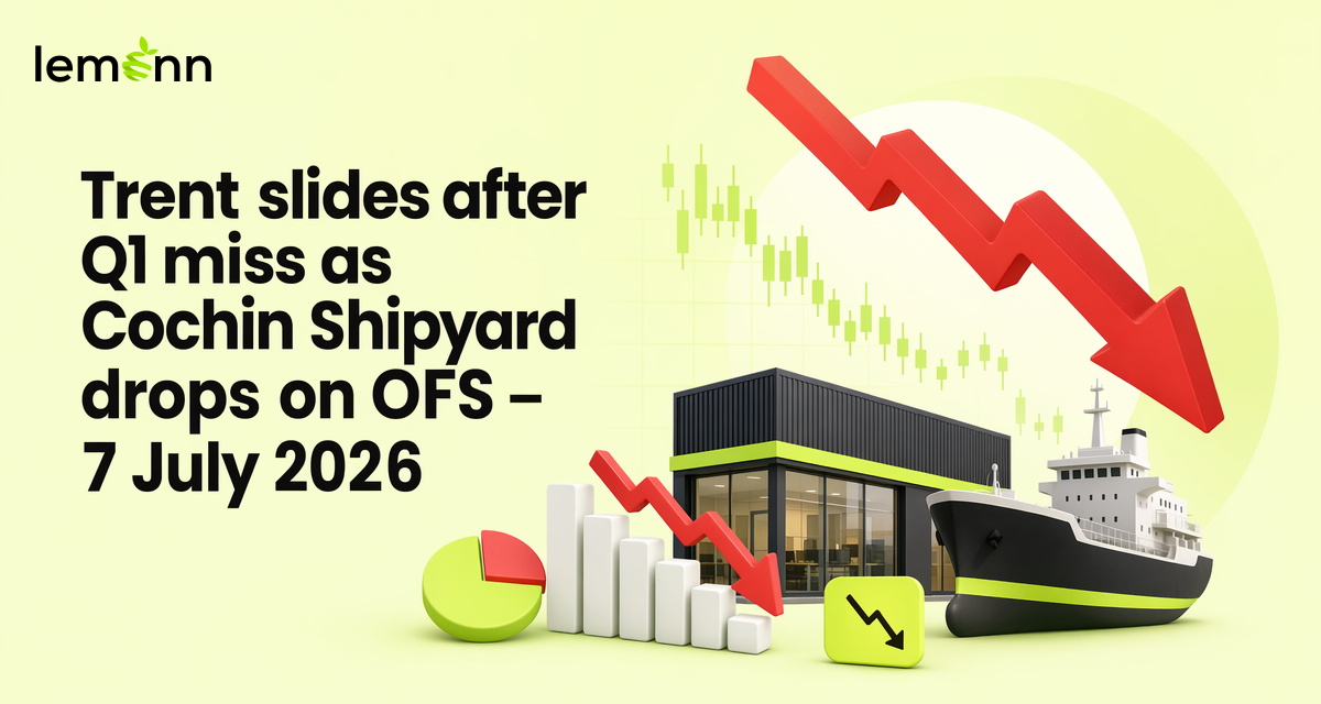 Trent shares fell about 12% after Q1 FY27 revenue grew 19% to ₹5,666 crore, missing estimates, while Cochin Shipyard declined on a 5.04% government OFS and broader indices eased on profit booking.