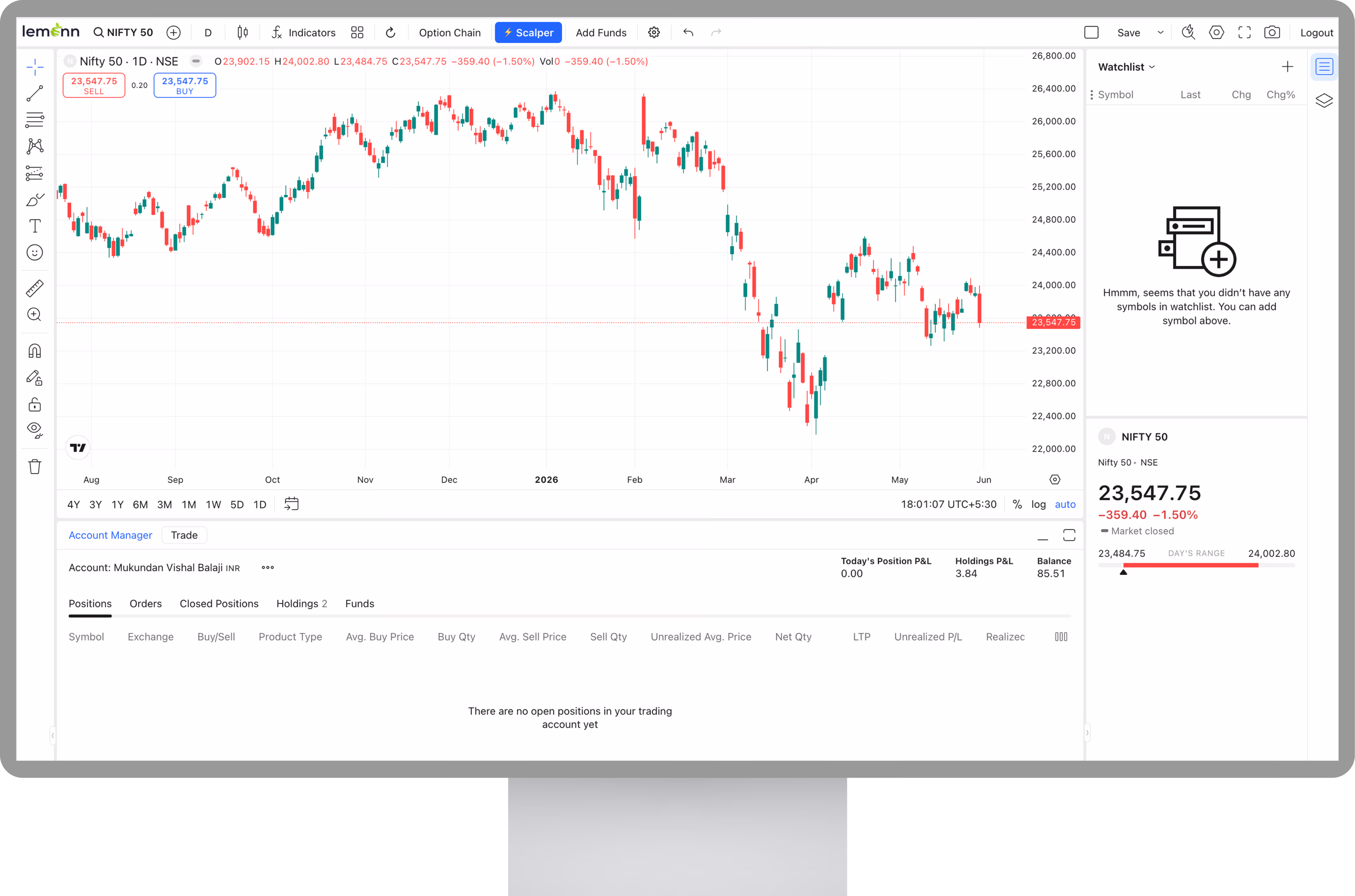 Lemonn web terminal with TradingView charts, watchlist and account manager