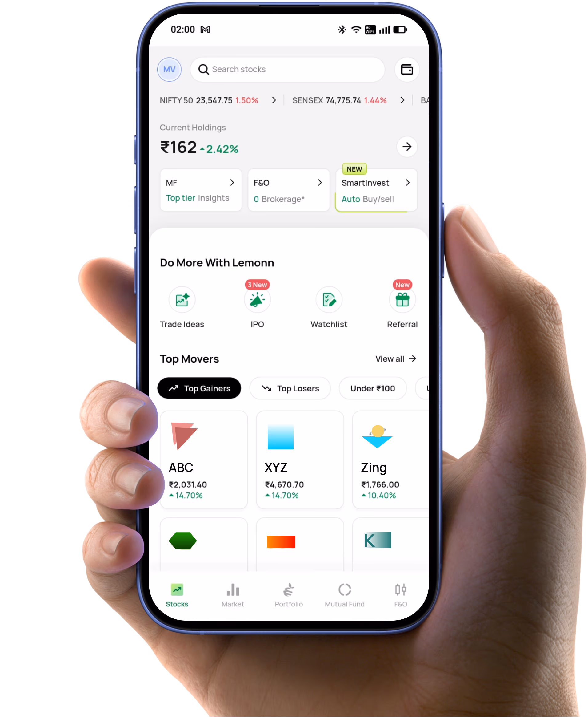 Lemonn trading app home screen with holdings, top movers and quick actions